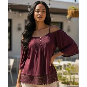 TOBI M Cold Shoulder Lace Trim Blouse Maroon Flare Sleeve Boho Coquette Romantic